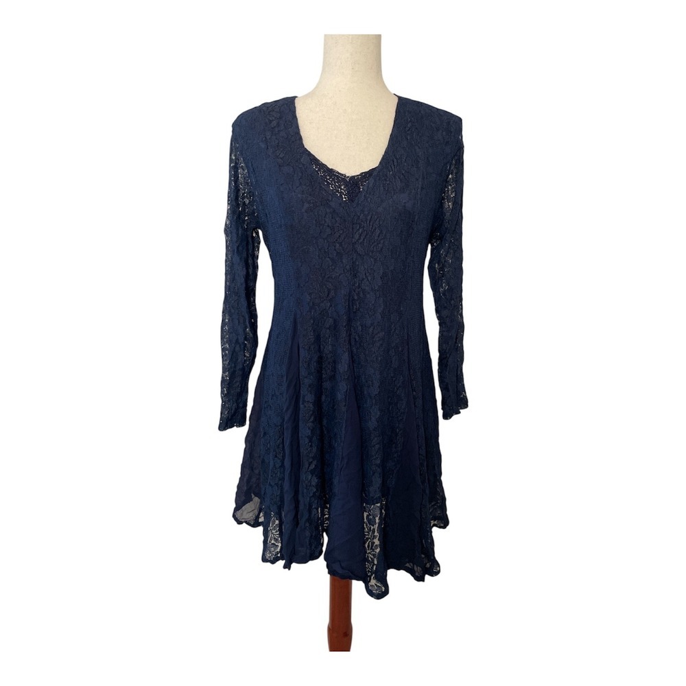 Y2k Lace Fit Flare Dress Long Sleeve Size M Party Cocktail Blue Fairycore Whimsi